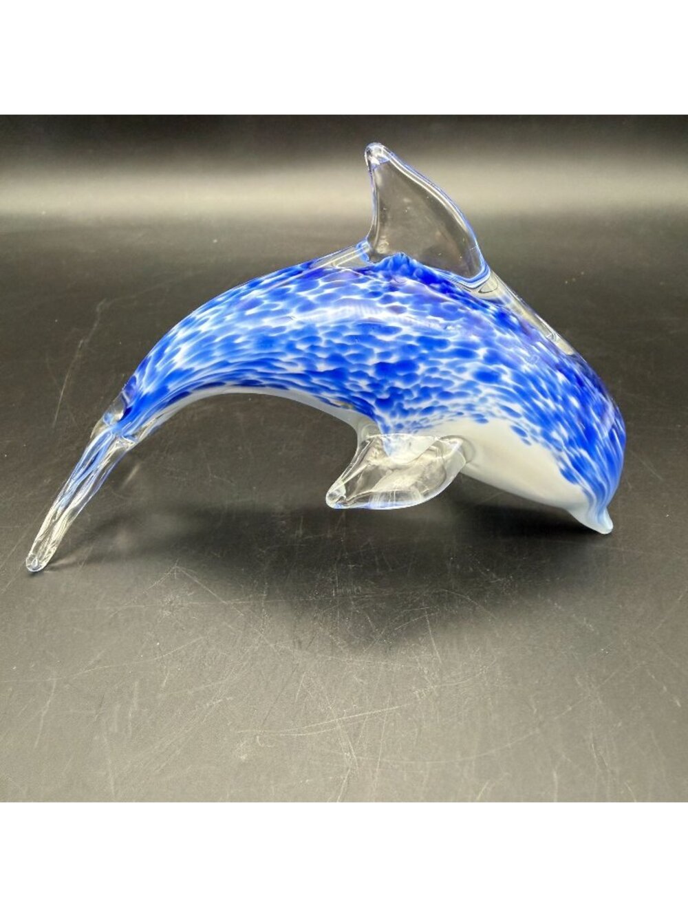 Blue Speckled Art Glass Dolphin Figurine Hand Blown Paperweight Coastal Decor 6"